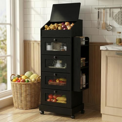 ARTETHYS Potato Storage Bin 5-Tier Rolling Black Bread Box with Side Rack - color: Black