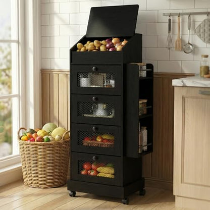 ARTETHYS Potato Storage Bin 5-Tier Rolling Black Bread Box with Side Rack - color: Black