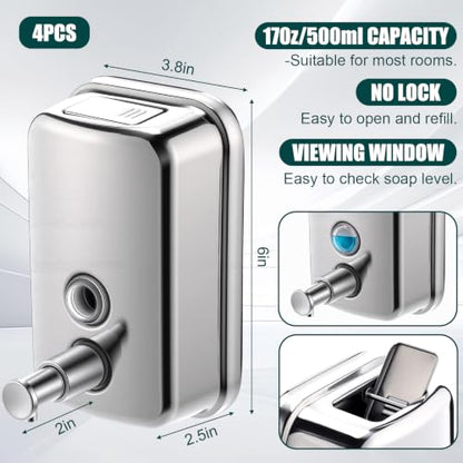 4 Pcs Commercial Soap Dispenser Wall Mount, Stainless Steel, 17 Fl oz