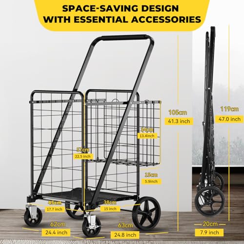 4.5 Cu Ft Folding Shopping Cart with 360° Braked Swivel Wheels