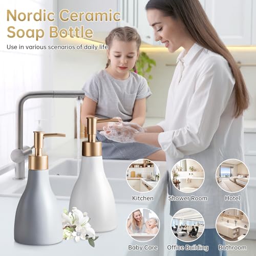 Gold Dispenser Bottle for Bathroom Countertop, Ceramic White Dish Soap Dispenser for Kitchen Sink Soap Pump Lotion, Modern Hand Soap Dispenser with Gold Pump for Liquid Laundry Shower 280ml - color: White