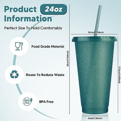 24 Pack Plastic Tumblers With Lids and Straws, Reusable Colorful Cups for Parties, Birthdays, Iced Coffee, Travel Mug, Cold Drinks (24 oz, Dark Green) - color: Dark Green-24pcs