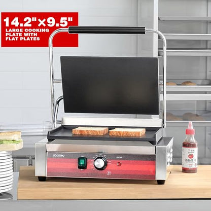 EGGKITPO Commercial Electric Panini Grill with Flat Plates Stainless Steel Sandwich Maker 14"× 9.5" Cast Iron Enamel Plate Countertop Panini Press with Temperature Control for Business 110V 1700W - size: 14"×9.5” Smooth Plate