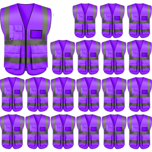 Safety Vests 20 Pack,Hi Vis Construction Vest with 5 Pockets and Zipper,Reflective Vest for Men Women Work One Size - color: Purple