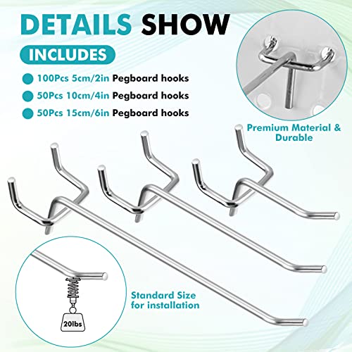 Hicarer 200 Pcs Stainless Steel Pegboard Hooks Multiple Sizes Fit 1/4" or 1/8" Pegboard Ideal for Garage Tool Organization, Wall Storage(2 Inch, 4 Inch, 6 Inch) - size: 2 Inch, 4 Inch, 6 Inch