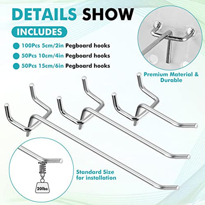 Hicarer 200 Pcs Stainless Steel Pegboard Hooks Multiple Sizes Fit 1/4" or 1/8" Pegboard Ideal for Garage Tool Organization, Wall Storage(2 Inch, 4 Inch, 6 Inch) - size: 2 Inch, 4 Inch, 6 Inch