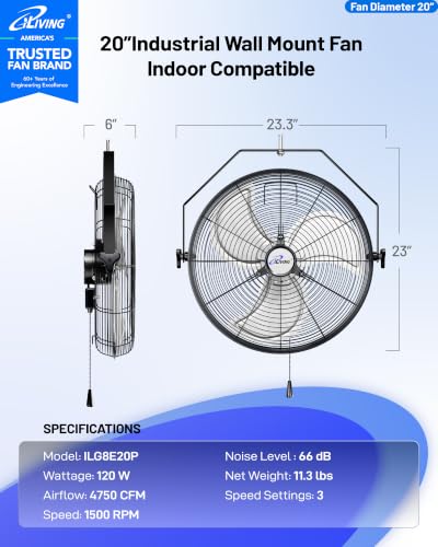 iLiving 20 Inch Wall Mount Fan, 4750 CFM High Velocity Metal Fan with 3 Speeds, Sealed Motor & 360° Tilt, Heavy Duty Wall/Ceiling Mount Fan for Garage, Warehouse, Barn, Greenhouse, Workshop - size: 20 Inches