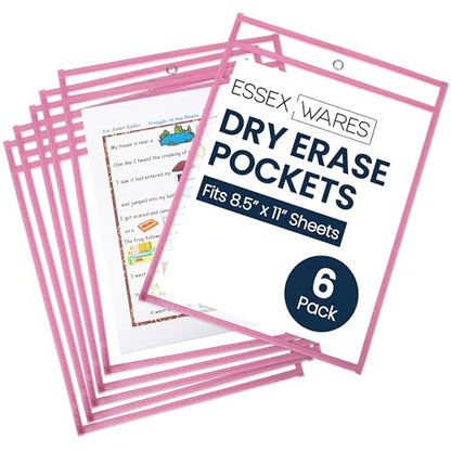 Essex Wares - 6 Pack, Pink Dry Erase Pockets, 10" Wide x 13.5" Tall - color: Pink