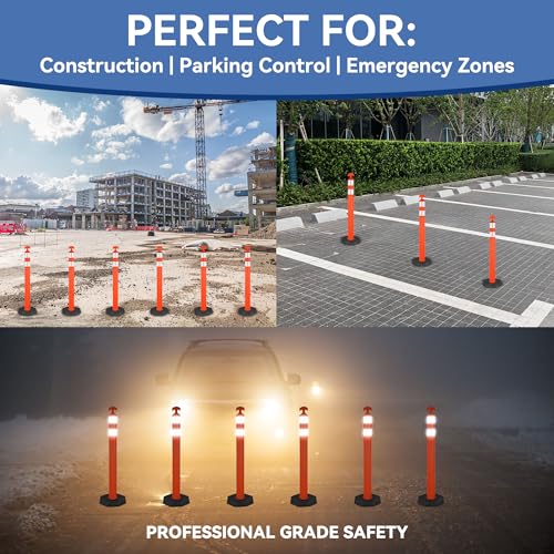 42" Traffic Delineator Posts, Tall Safety Traffic Cones with Reflective Collars and Weighted Base for Construction, Road Work, Parking Lot Control (6 Packs)