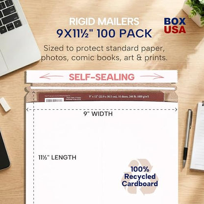 BOX USA Rigid Mailers 9 x 11 (100-Pack) - Cardboard Mailer Envelopes for Photos, Important Documents, Certificates - Stay Flat - size: 9" x 11" (100-Pack)