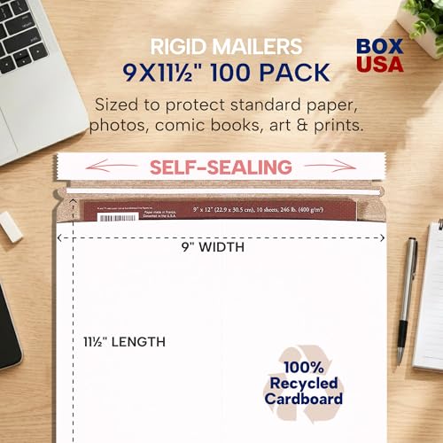 BOX USA Rigid Mailers 9 x 11 (100-Pack) - Cardboard Mailer Envelopes for Photos, Important Documents, Certificates - Stay Flat - size: 9" x 11" (100-Pack)