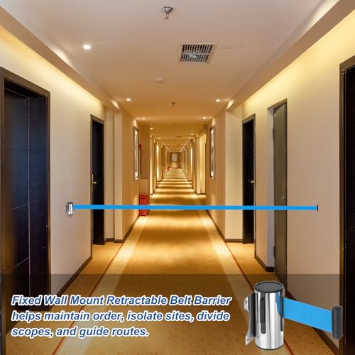 MECCANIXITY Wall Mount Retractable Belt Barrier 6.56ft Crowd Control Belts - color: Silver/Light Blue, size: 6.56 ft
