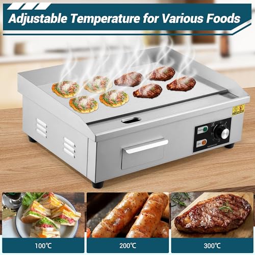 21" Commercial Electric Griddle, 1600W Commercial Electric Countertop Griddle Flat Top Grill Hot Plate BBQ, Electric Flat Top Grill With Shovel Brush, Restaurant Teppanyaki Grill Cooking Equipment