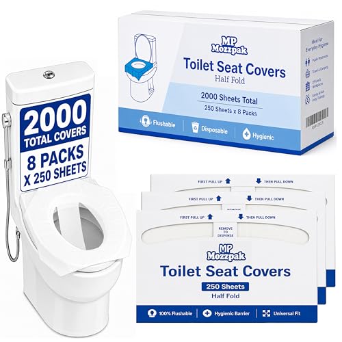 MP MOZZPAK Toilet Seat Covers Disposable Flushable – 2000 Sheets (8 Packs of 250) | Flushable Half-Fold Paper Liners | Hygienic Protection for Public Restrooms, Travel, Hotels, Kids Potty Training