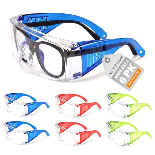 Clear Safety Glasses Over Eyeglasses 6 Pack ANSI Z87.1 Impact & Scratch Resistant Goggles Fits Over Glasses Dust/Chemical Splash Proof Protective Eyewear for Work Lab Clear Lens Blue/Red/Green Temples - color: 6 Pack/ Clear Lens/ Colourful Temples