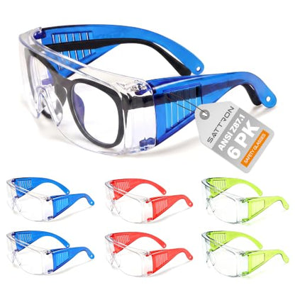 Clear Safety Glasses Over Eyeglasses 6 Pack ANSI Z87.1 Impact & Scratch Resistant Goggles Fits Over Glasses Dust/Chemical Splash Proof Protective Eyewear for Work Lab Clear Lens Blue/Red/Green Temples - color: 6 Pack/ Clear Lens/ Colourful Temples