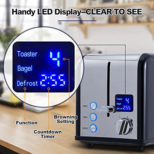 CUSIMAX 2 Slice Stainless Steel Toaster with Digital LED Display, Black - color: Black Stainless Steel, size: 2 Slice