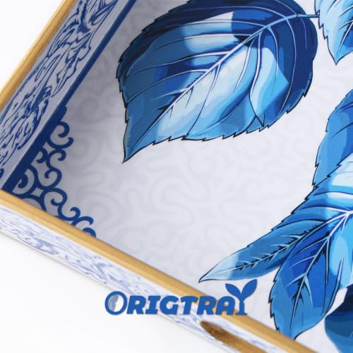 Serving Tray with Handles, Rectangular Plastic Tray 15.75x11.81 Inch, Decorative Tray for Kitchen, Dining Table, Vanity, Office & Home (Blue Hydrangea, 15.8" x 11.8" x 1.6") - color: Blue Hydrangea
