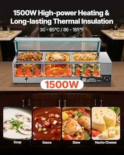 VEVOR Commercial Food Warmer, 1500W Electric Stainless Steel Steam Food Warmer with Glass Cover, 3-Pan Countertop Buffet Bain Marie with Soup & Perforated Ladles, for Catering, Restaurant & Party - size: 36.22 x 14.37 x 15.16 in