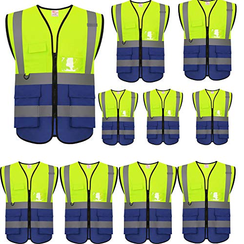 zojo High Visibility Reflective Safety Vest with Multi Pockets 10 Pack Bulk - color: Mix Yellow & Blue, size: XX-Large