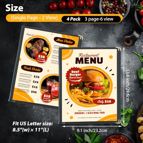 3 Pack Menu Covers 8.5" x 11" Menu Holder, Double Stitched Menu Covers, Restaurant Menu Cover, Single Page Menu Cover Two Clear Viewing Surfaces (Book Style)