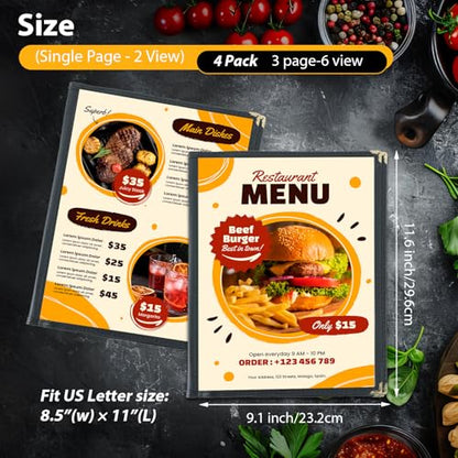 3 Pack Menu Covers 8.5" x 11" Menu Holder, Double Stitched Menu Covers, Restaurant Menu Cover, Single Page Menu Cover Two Clear Viewing Surfaces (Book Style)