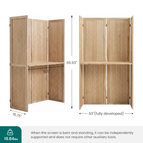 Svimi 4-Panel Freestanding Pegboard Room Divider with Center Shelf, Natural - color: Natural, size: 4 PANELS-SHELVE