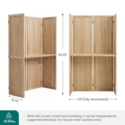 Svimi 4-Panel Freestanding Pegboard Room Divider with Center Shelf, Natural - color: Natural, size: 4 PANELS-SHELVE