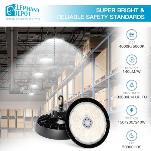 UFO LED High Bay Light with Motion Sensor, 150W/200W/240W, 21000/28000/33600lm, 2CCT 4000K/5000K, 0-10V Dimmable for Warehouse Factory Gym, Hanging Hook, UL Listed (1, 240, Watts)
