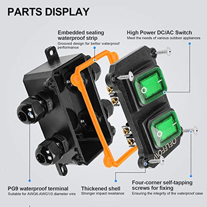 Waterproof On Off Toggle Switch Double Switch with Green Light Rocker Button Inline Cord Switch DPST AC/DC 20A-125V,16A-250V,30A-24V,35A-12V, IP66 4 Exit - color: Green/2 Switch/4 Outlet