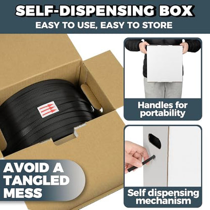 PP Strapping Banding Roll - 1000ft x ½’’ Standard PP Strappings Roll - Banding & Pallet Strap Kit - 400lb Break Strength - Includes Strapping Rolls & Self-Dispensing Box