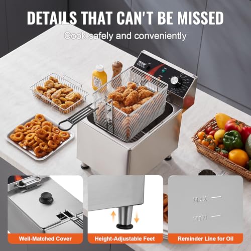 VEVOR Commercial Deep Fryer, 1750W Electric Countertop Fryer with Basket & Height-Adjustable Feet, 12Qt / 11.5L Stainless Steel Single Oil Fryer, Temp Control, Overheat Protection, for Restaurant Use - size: Single Fryer, style: Deep Fryer