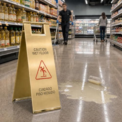 2 Pcs 24 Inch Stainless Steel Wet Floor Caution Sign Gold Bilingual - color: Gold