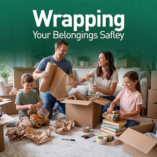 Honeycomb Packing Paper, 15 Inch x 25 FT – Eco-Friendly Recyclable Cushioning Wrap Roll for Moving & Shipping, Bubble Wrap Alternative with Rope, Ribbon & 40 Fragile Stickers - size: 15" x 25'