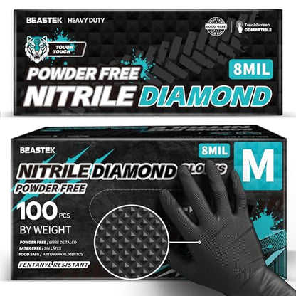 BEASTEK Nitrile Disposable Gloves, 8Mil Latex & Powder Free Chemical Resistant Heavy Duty Cooking Diamond Gloves Black 100Pcs - color: Medium (Black)