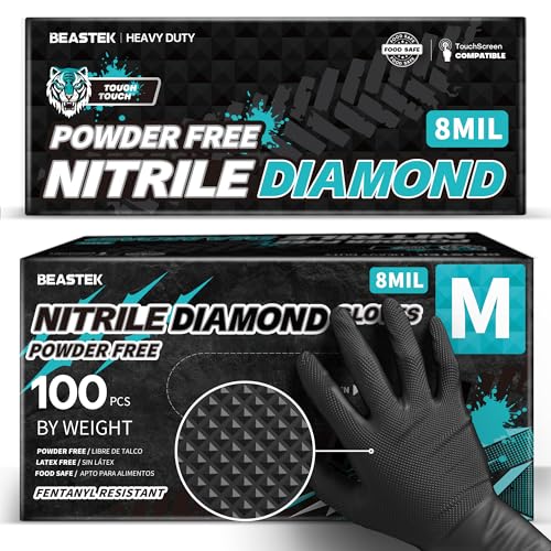 BEASTEK Nitrile Disposable Gloves, 8Mil Latex & Powder Free Chemical Resistant Heavy Duty Cooking Diamond Gloves Black 100Pcs - color: Medium (Black)