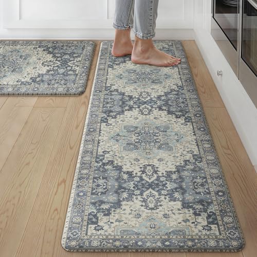 GENIMO Anti Fatigue Kitchen Mats for Floor 2PCS, Standing Rugs,Navy - color: Center Blue, size: 17.3"x59"+17.3"x30"--0.4 inches