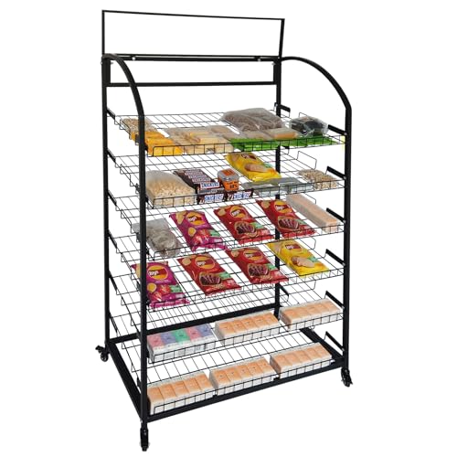 TONGMO Bakery Display Rack: Equipped with Wheels and Header Holder, 39.5" Wide Potato Chip Display Rack, 6 Shelves Snack Rack Display.(39.5", 6-Shelves, Black)