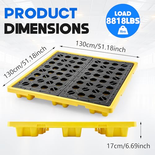 BreezeHug IBC Spill Containment Pallet with Drain, IBC Tote Secondary Containment Sump Pallet, 45 Gallon Capacity, Heavy Duty Hdpe Spill Tray 8818 Lbs Load, 51.2 x 51.2 x 6.7 Inch, Yellow