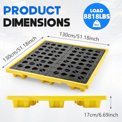 BreezeHug IBC Spill Containment Pallet with Drain, IBC Tote Secondary Containment Sump Pallet, 45 Gallon Capacity, Heavy Duty Hdpe Spill Tray 8818 Lbs Load, 51.2 x 51.2 x 6.7 Inch, Yellow