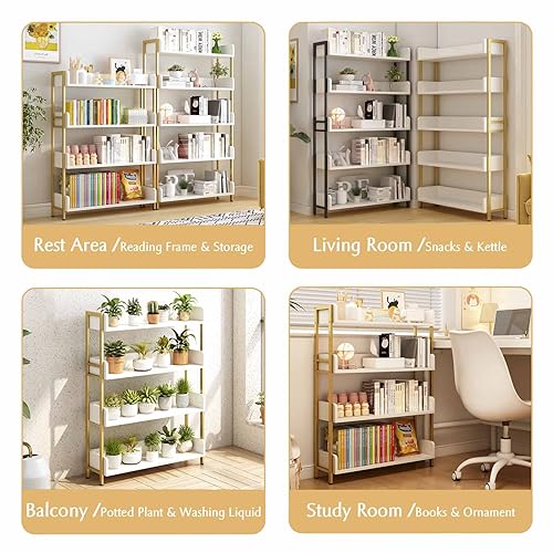 OSCHF Wide Open Shelf Bookcase, 4-Tier, White with Gold Frame - color: Gold + White, size: 4-Tier
