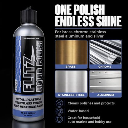 Flitz Multi Purpose Metal Polish Liquid - 16oz Bottle of USA-Made Tarnish Remover - For Aluminum, Chrome, Brass, Nickel, Silver - Non-Abrasive Metal Cleaner and Polish, Restorer (6 Pack) - size: 16 Fl Oz (Pack of 6)