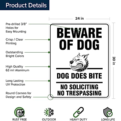 Beware of Dog, Dog Does Bite No Soliciting No Trespassing Sign, 24x30 - size: 24x30 - Aluminum