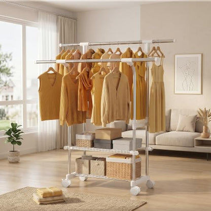RORA Clothes Rack, Double Rod Rolling Clothing Racks for Hanging Clothes