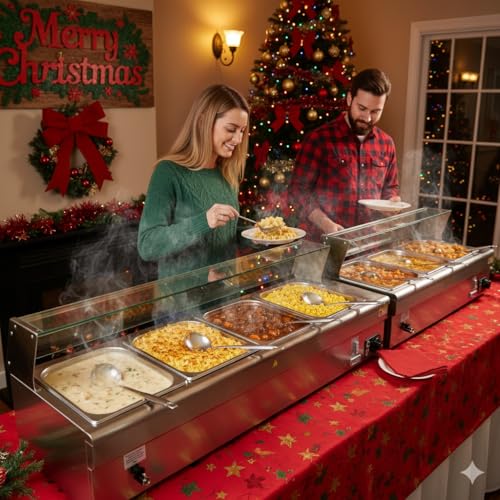 WILPREP 4-Pan Commercial Food Warmer with Sneeze Guard, Four 1/2 Pans, 1500W Countertop Electric Warmer, 86-185°F Adjustable Temp Control, Stainless Steel Buffet Bain Marie - size: 1/2 pan*4