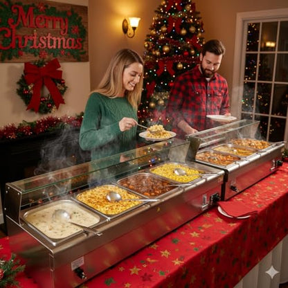 WILPREP 4-Pan Commercial Food Warmer with Sneeze Guard, Four 1/2 Pans, 1500W Countertop Electric Warmer, 86-185°F Adjustable Temp Control, Stainless Steel Buffet Bain Marie - size: 1/2 pan*4