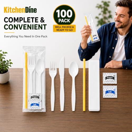 100 pack | Individually wrapped Cutlery set | White Heavy Duty Cutlery | Utensil set with Fork, spoon, knife, Napkin, Straw and Salt/Pepper packets (6 in 1) | Plastic Disposable Flatware Cutlery Kits - color: White