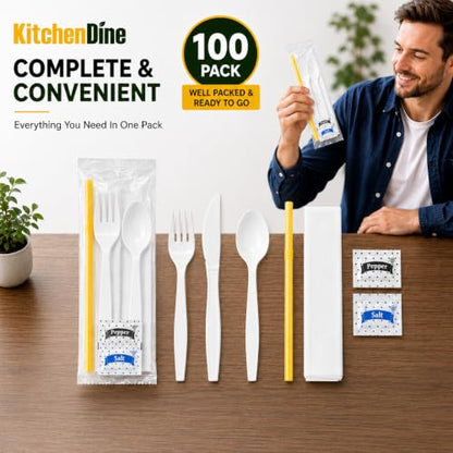 100 pack | Individually wrapped Cutlery set | White Heavy Duty Cutlery | Utensil set with Fork, spoon, knife, Napkin, Straw and Salt/Pepper packets (6 in 1) | Plastic Disposable Flatware Cutlery Kits - color: White
