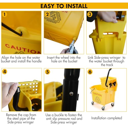 KULED Commercial Mop Bucket with 2 Mop Heads and Caution Sign, 38 Quart