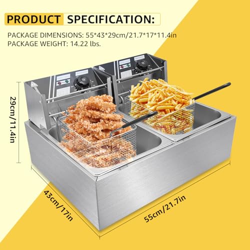 Commercial Deep Fryer with Baskets, 5000W Thickened Stainless Steel Electric Oil Fryer, Large Capacity with Temperature Control (12L) - size: 12L